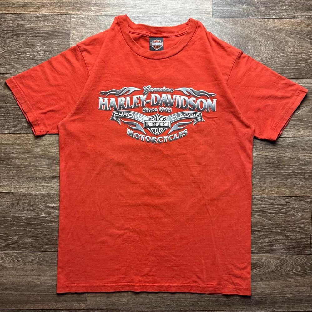 Vintage Y2K Harley Davidson Orange Graphic Tee with White and Silver Logo